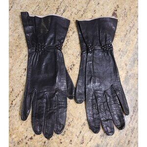 Vintage Size M 7 Black Leather Formal 10.5" Long Gloves Gauntlet Cluster Detail